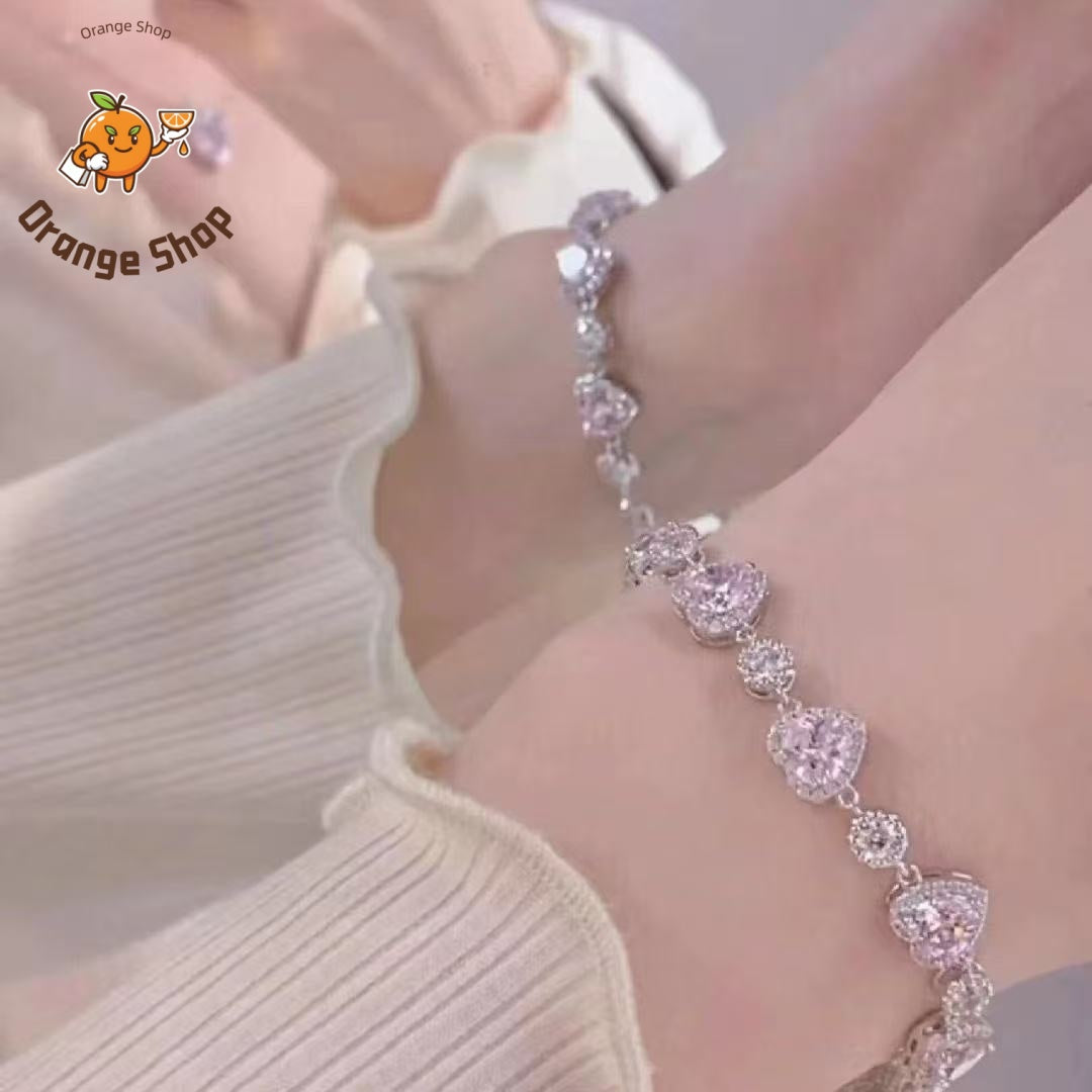 Pink Heart Cubic Zirconia Tennis Bracelet | Y2K Sweet Girl Adjustable Silver Bracelet