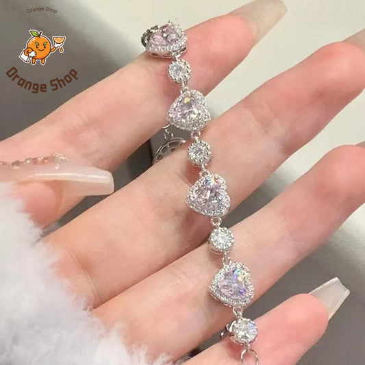 Pink Heart Cubic Zirconia Tennis Bracelet | Y2K Sweet Girl Adjustable Silver Bracelet