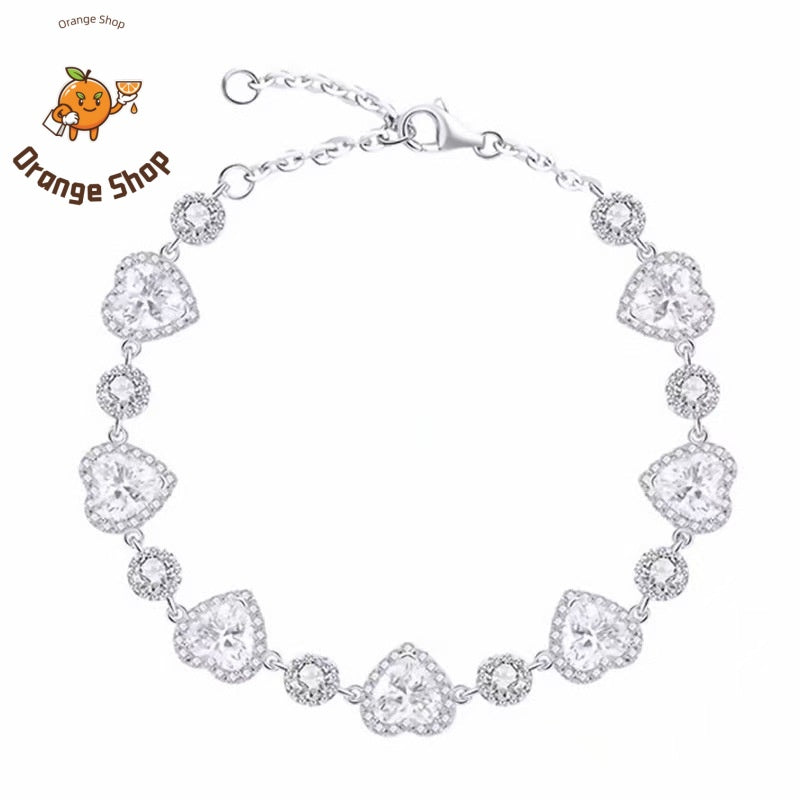 Pink Heart Cubic Zirconia Tennis Bracelet | Y2K Sweet Girl Adjustable Silver Bracelet